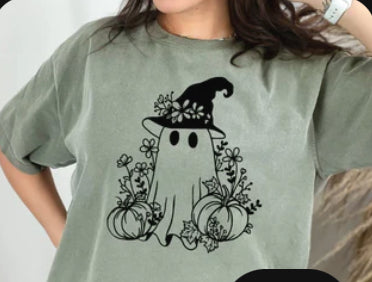 Ghost with Witches' hat and pumpkins shirt transfer