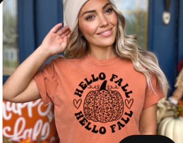 Hello Fall with Cheetah print pumpkin shirt transfer