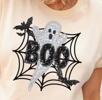 Boo with ghost, spider web and bats shirt transfer