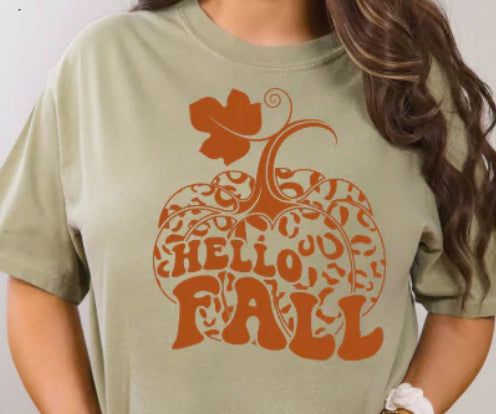 Hello Fall with orange pumpkin shirt transfer